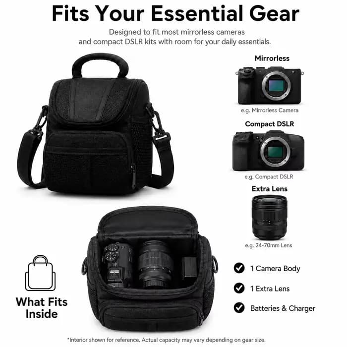 Sac compact pour appareil photo reflex numérique et hybride – Sac à bandoulière léger et étanche pour la photographie de voyage avec protection antichoc, Fi